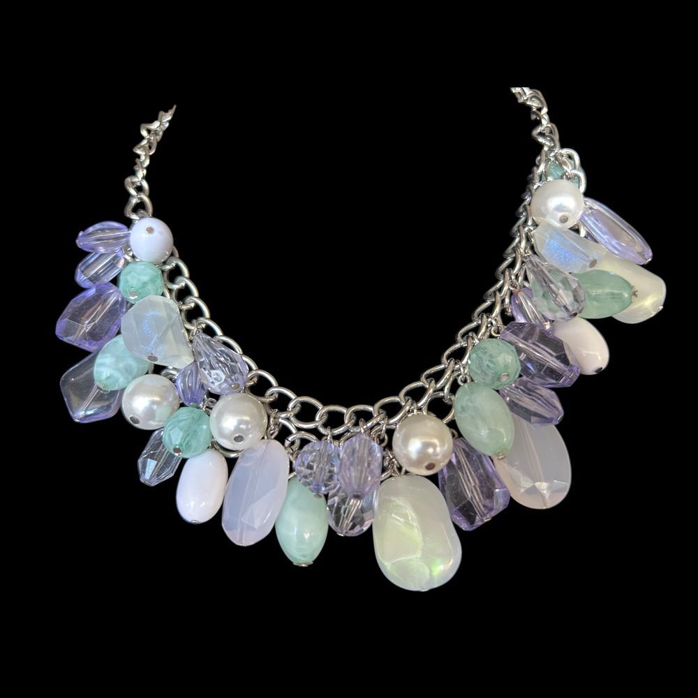Pearl & Crystal Charm Necklace Mint Green Lavender White Statement Jewelry‎